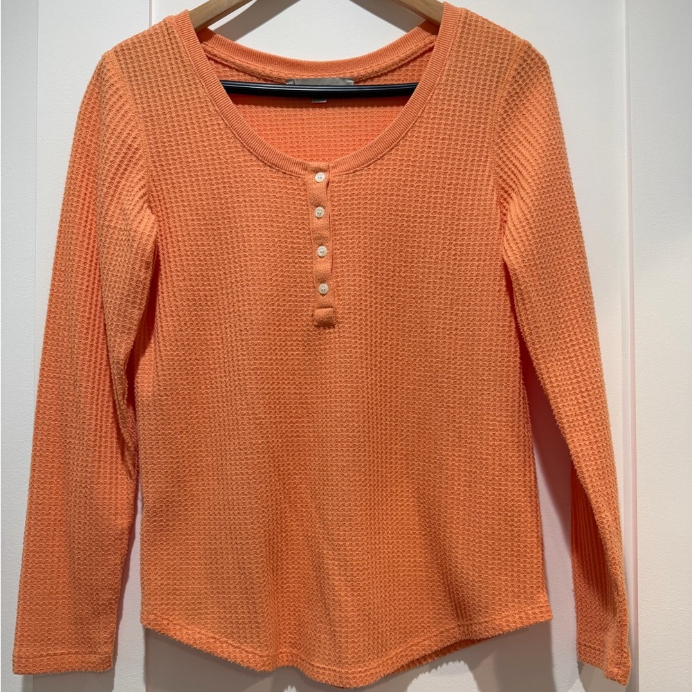 LOFT Orange Long Sleeve Waffle Henley Knit Top
